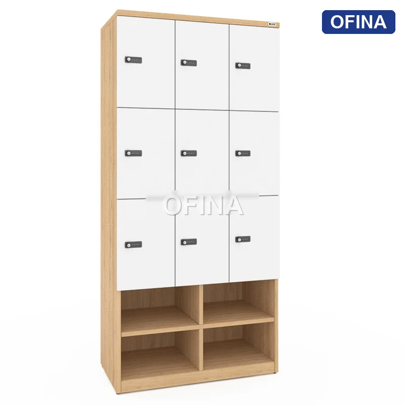 Tủ locker gỗ 9 cánh khóa mật mã liền kệ giày LKG9GMM-MT